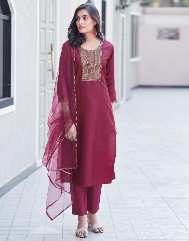 Maroon Silk Embroidery Straight Kurta Set