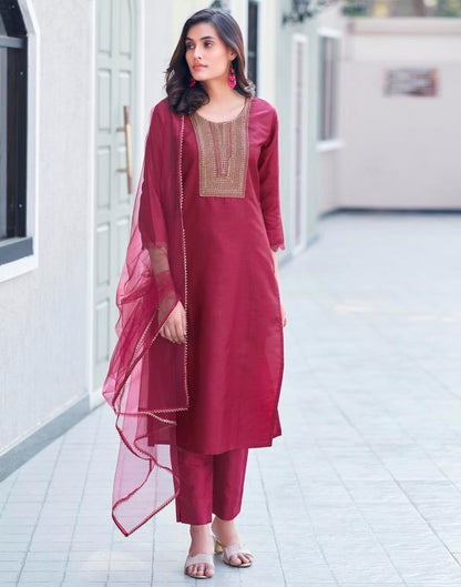 Maroon Silk Embroidery Straight Kurta Set