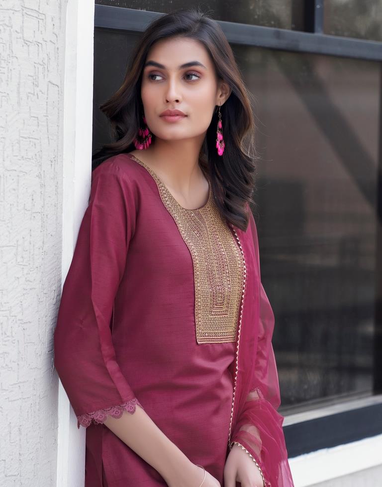 Maroon Silk Embroidery Straight Kurta Set