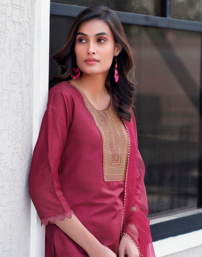 Maroon Silk Embroidery Straight Kurta Set