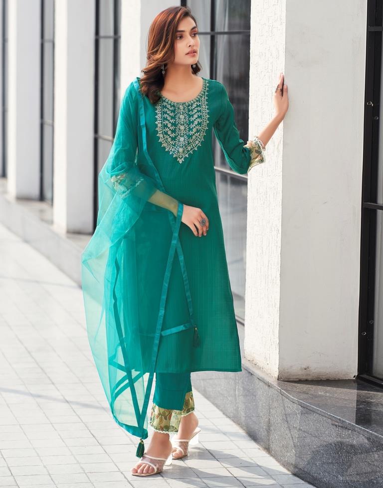 Teal Green Silk Embroidery Straight Kurta Set