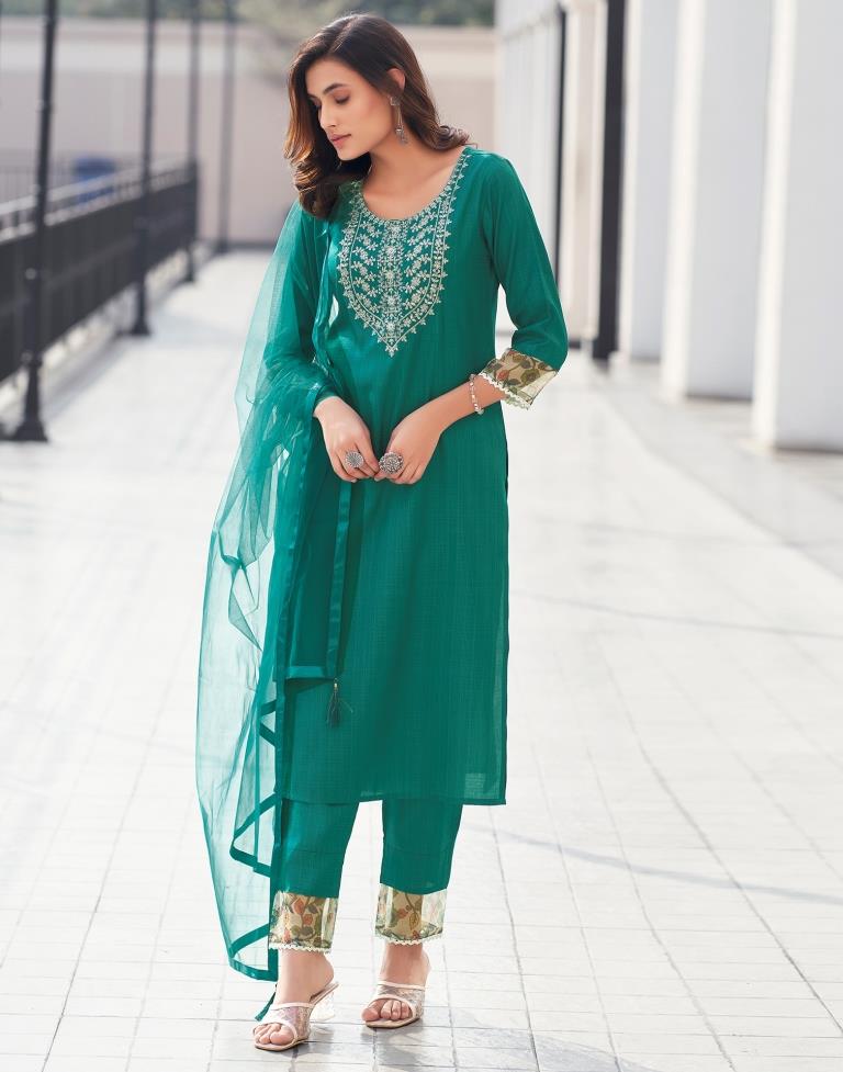 Teal Green Silk Embroidery Straight Kurta Set