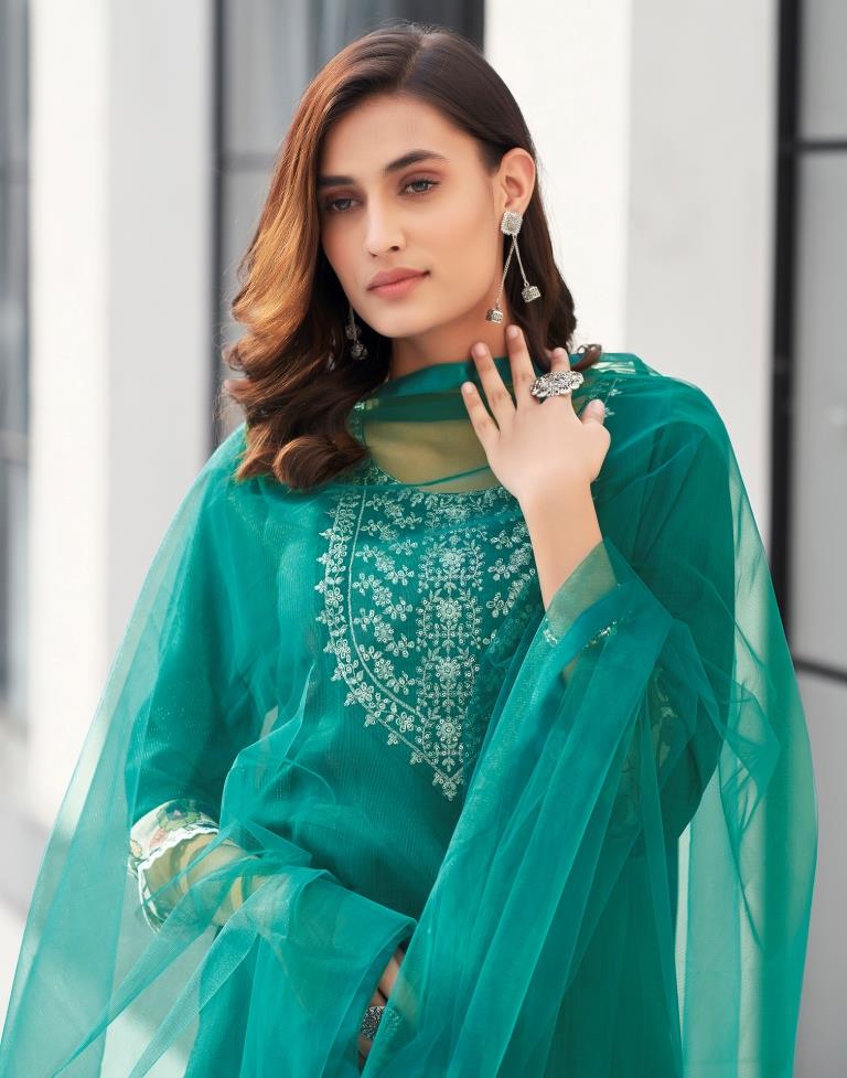 Teal Green Silk Embroidery Straight Kurta Set