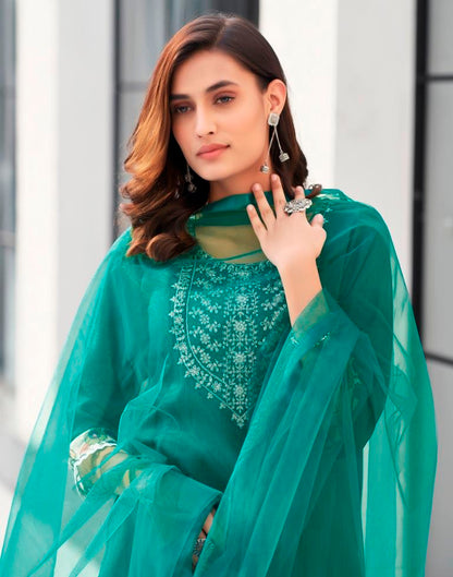 Teal Green Silk Embroidery Straight Kurta Set