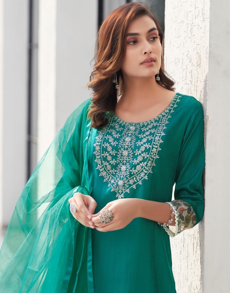 Teal Green Silk Embroidery Straight Kurta Set