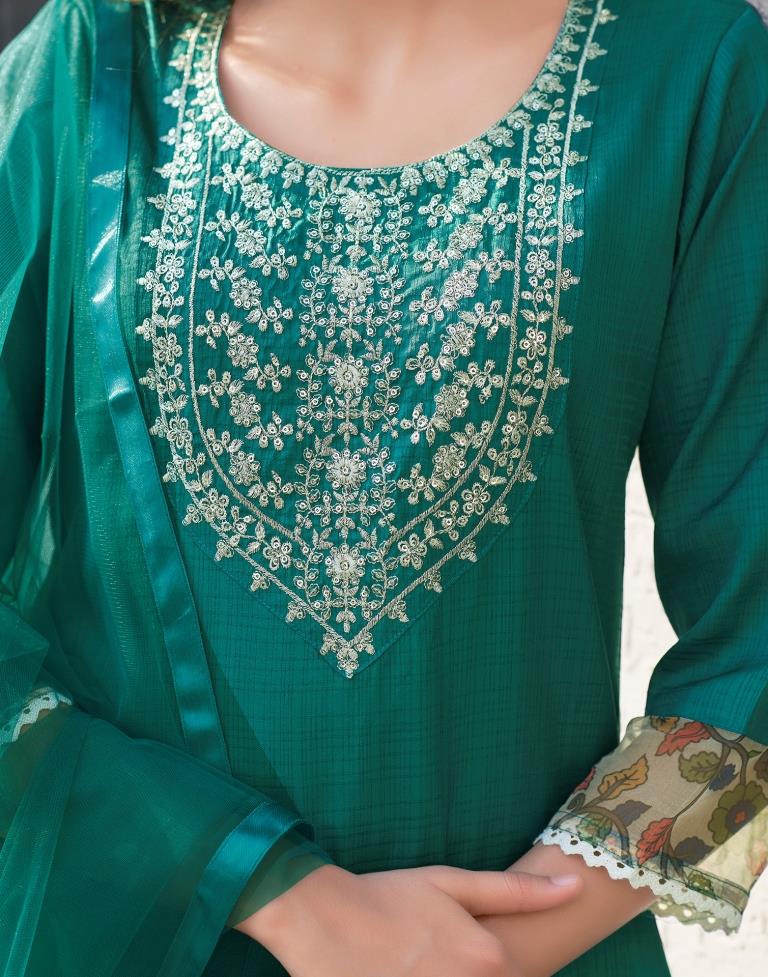 Teal Green Silk Embroidery Straight Kurta Set