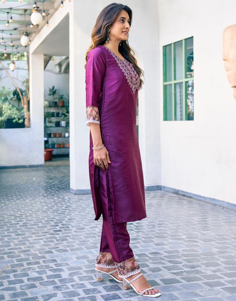 Wine Silk Plain Kurta Set With Duptta