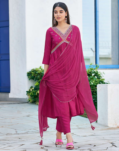 Dark Pink Sequence Silk Flared Kurta With Pant And Dupatta