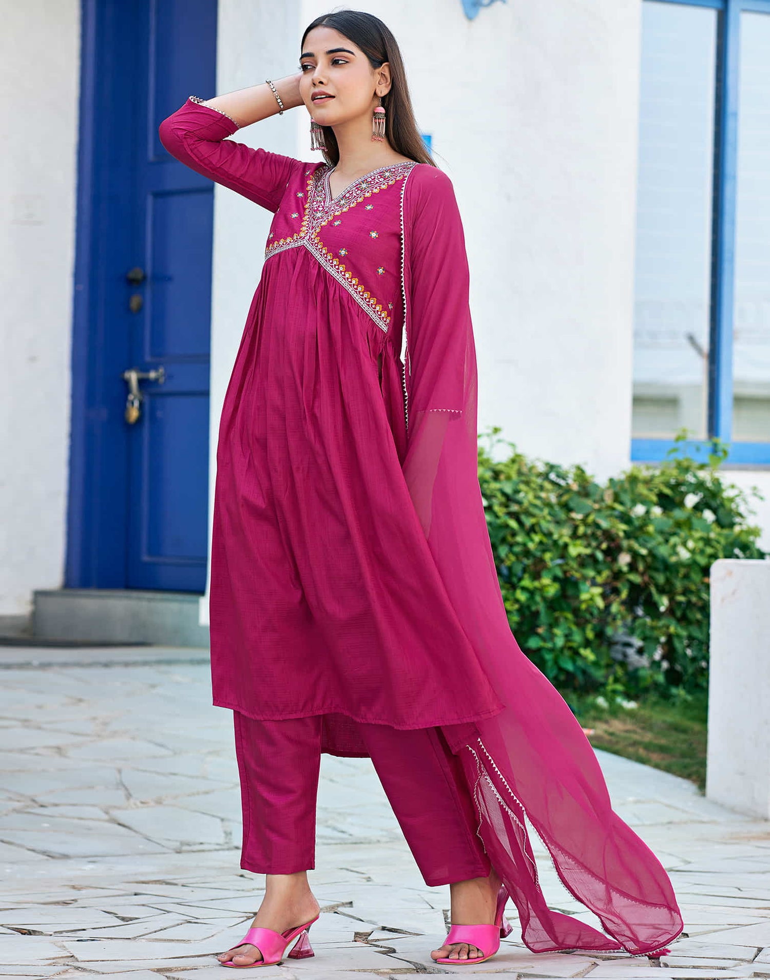 Dark Pink Sequence Silk Flared Kurta With Pant And Dupatta