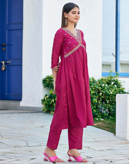 Dark Pink Sequence Silk Flared Kurta With Pant And Dupatta