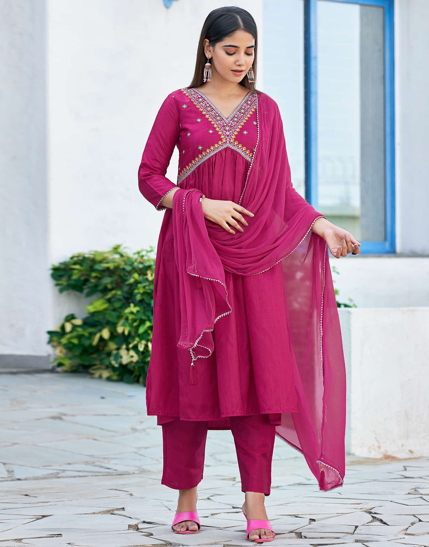 Dark Pink Sequence Silk Flared Kurta With Pant And Dupatta