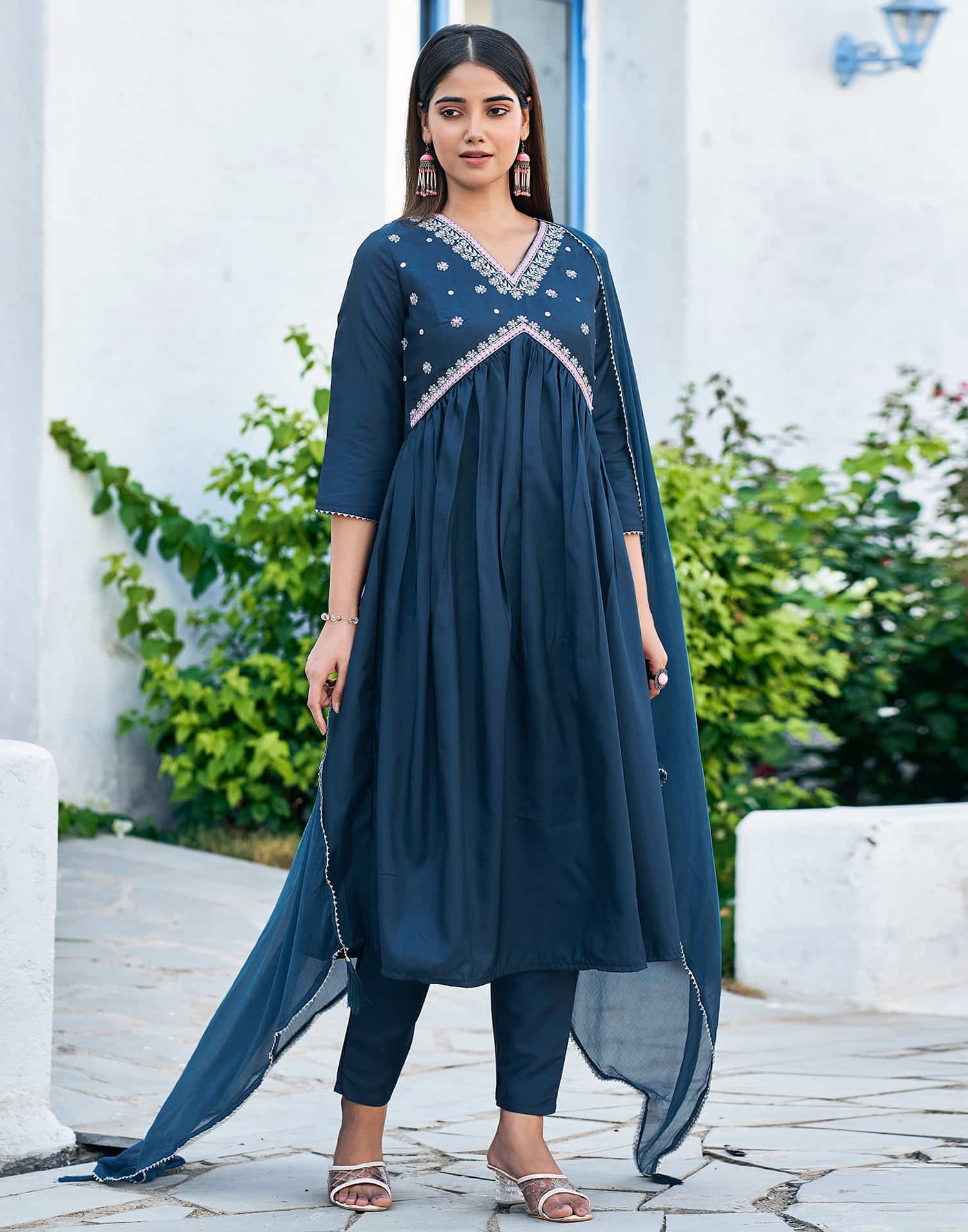 Teal Blue Sequence Silk Flared Kurta With Pant And Dupatta