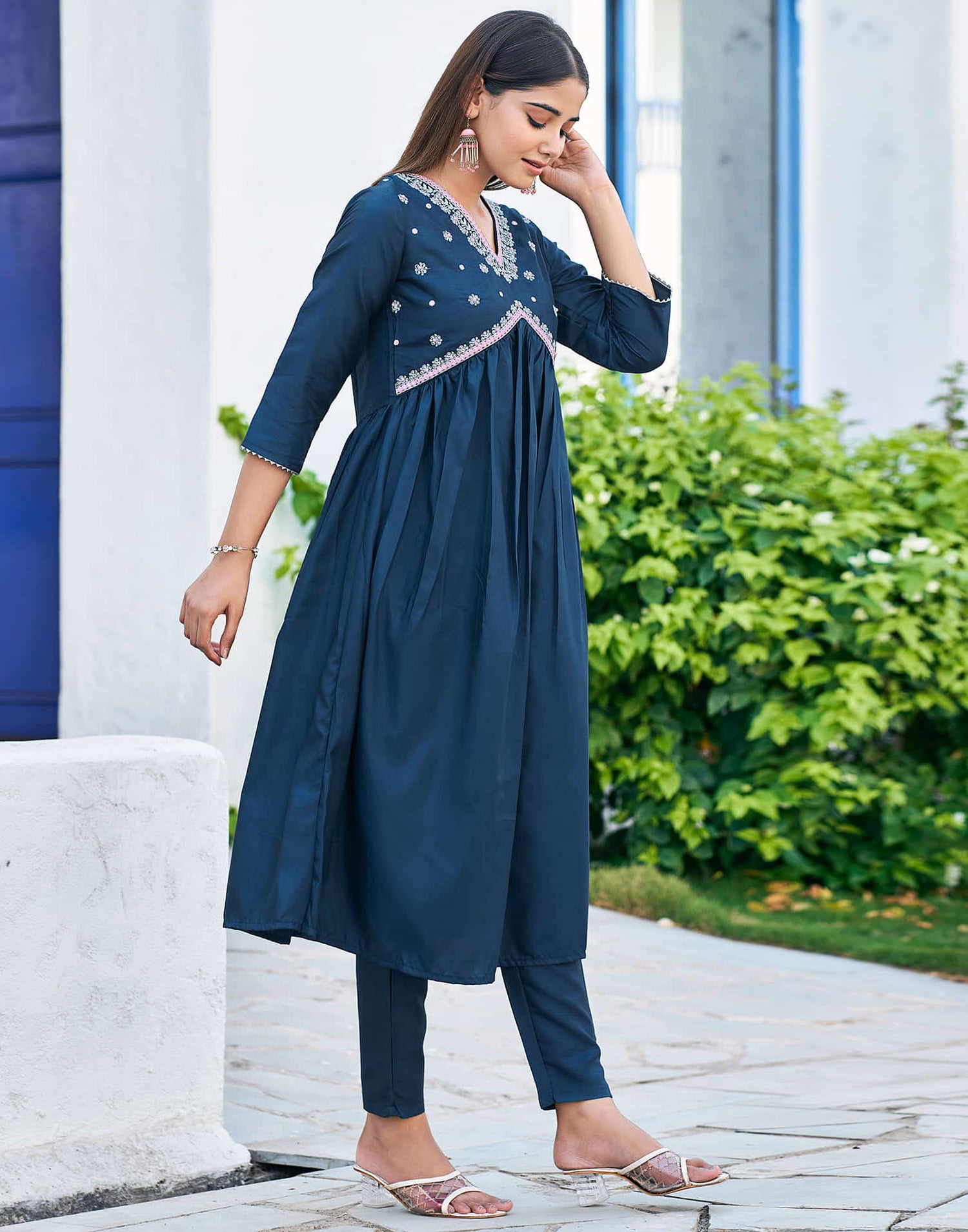 Teal Blue Sequence Silk Flared Kurta With Pant And Dupatta