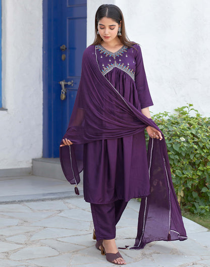 Dark Purple Sequence Silk Flared Kurta With Pant And Dupatta