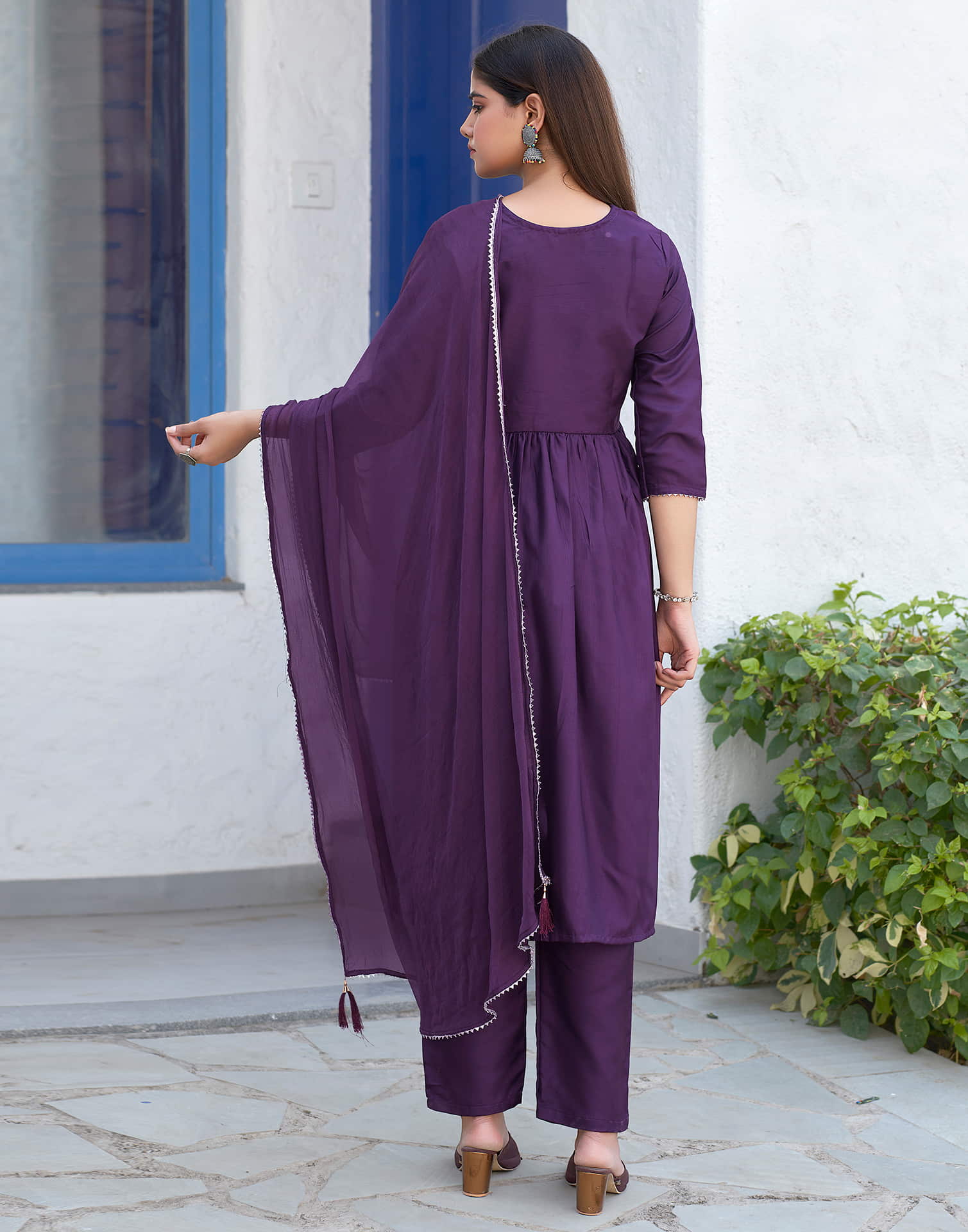 Dark Purple Sequence Silk Flared Kurta With Pant And Dupatta