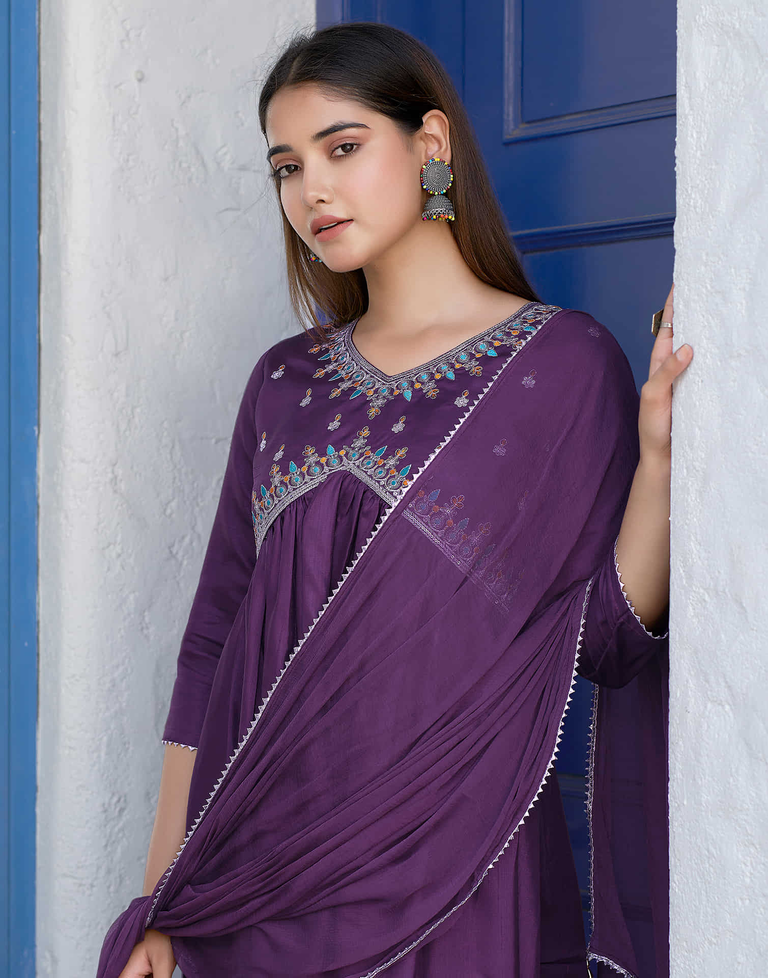 Dark Purple Sequence Silk Flared Kurta With Pant And Dupatta