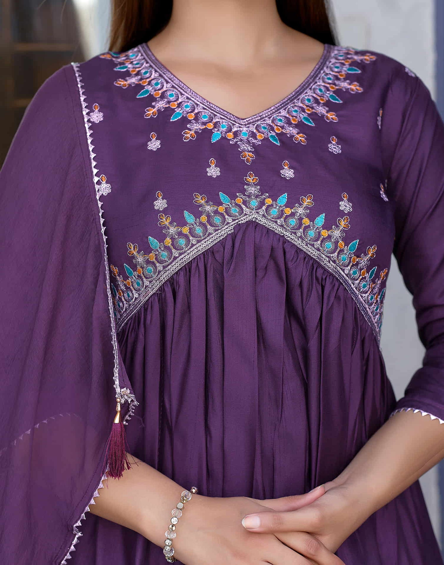 Dark Purple Sequence Silk Flared Kurta With Pant And Dupatta