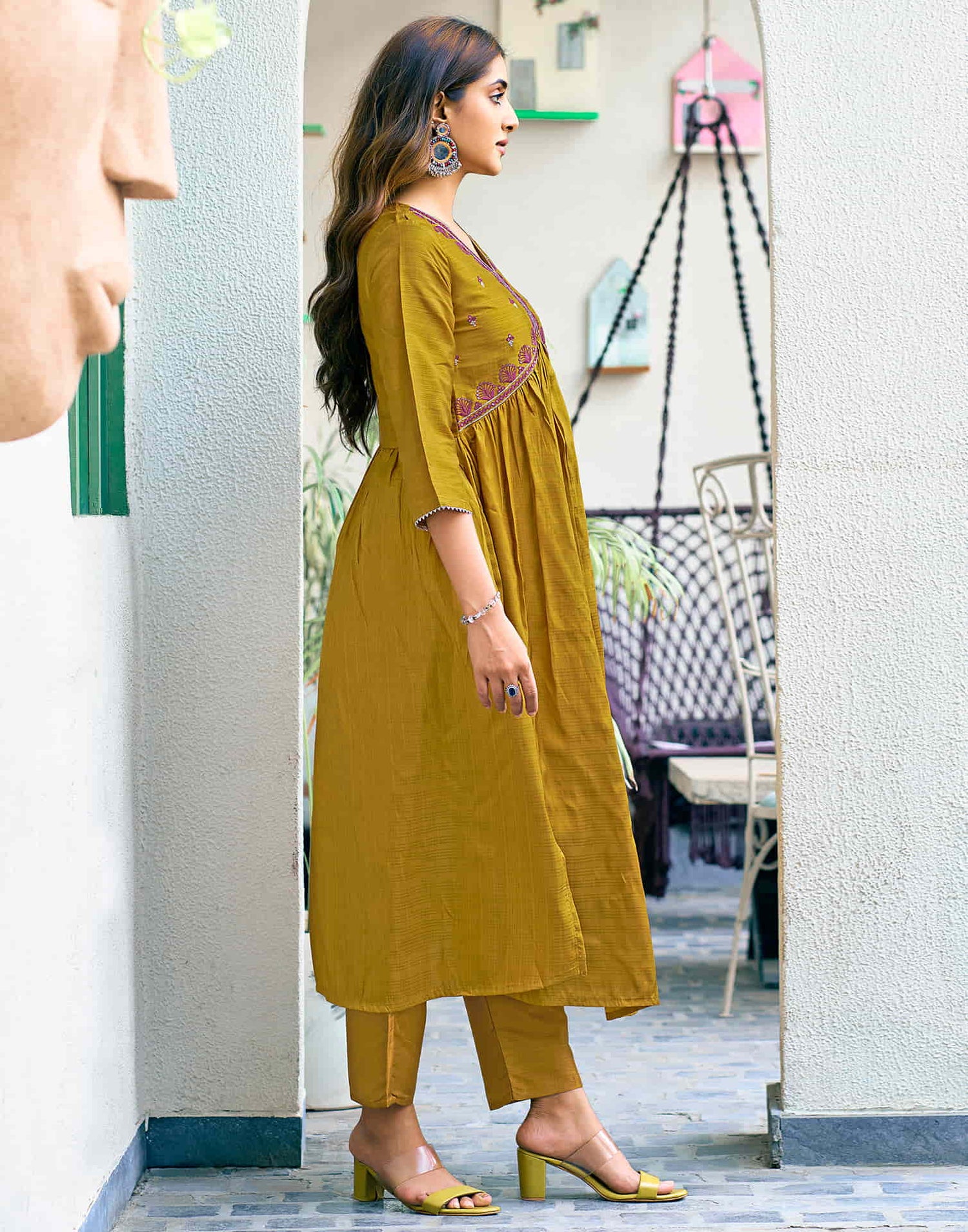 Mustard Yellow Sequence Simba Check Flared Kurta With Pant And Dupatta