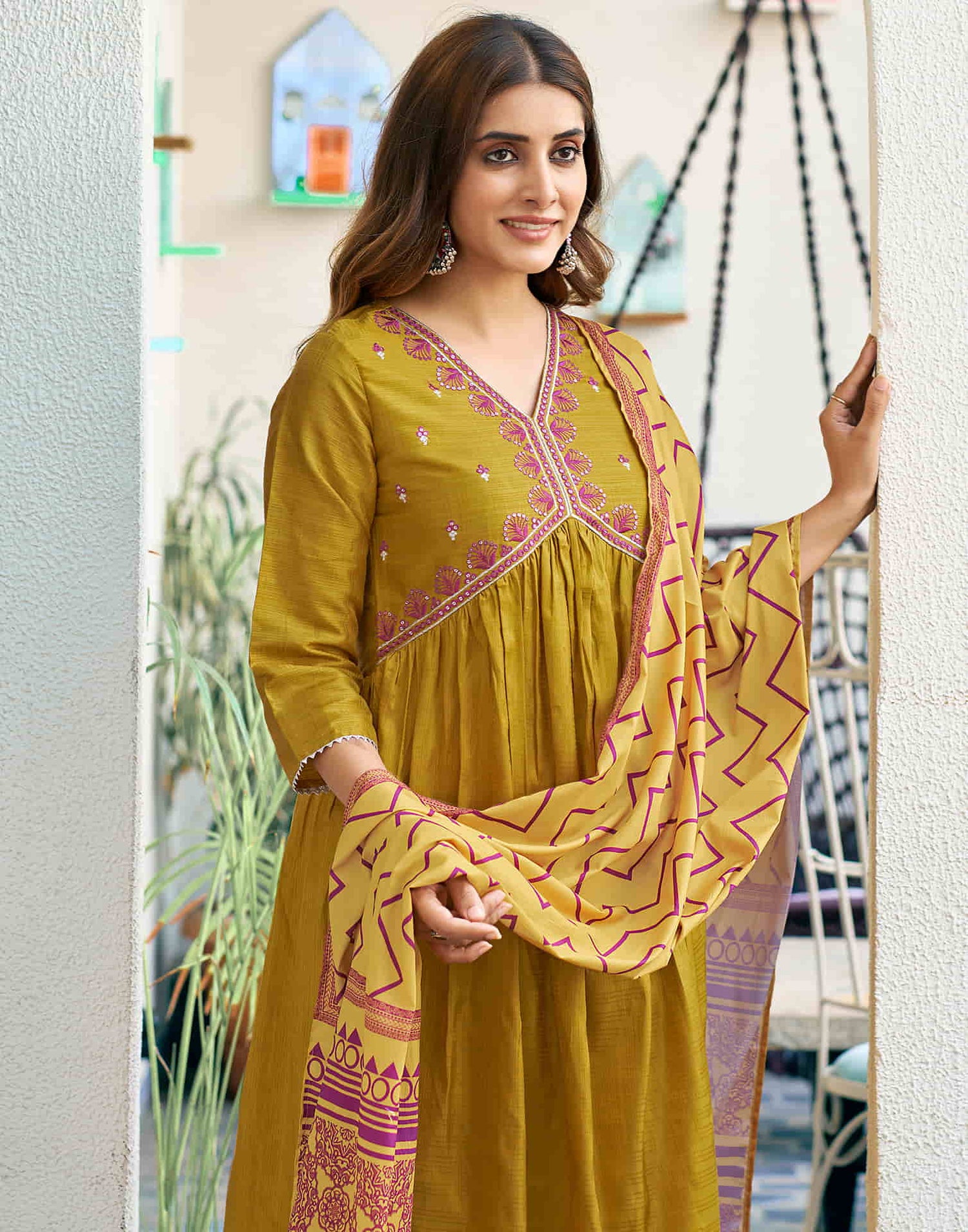 Mustard Yellow Sequence Simba Check Flared Kurta With Pant And Dupatta