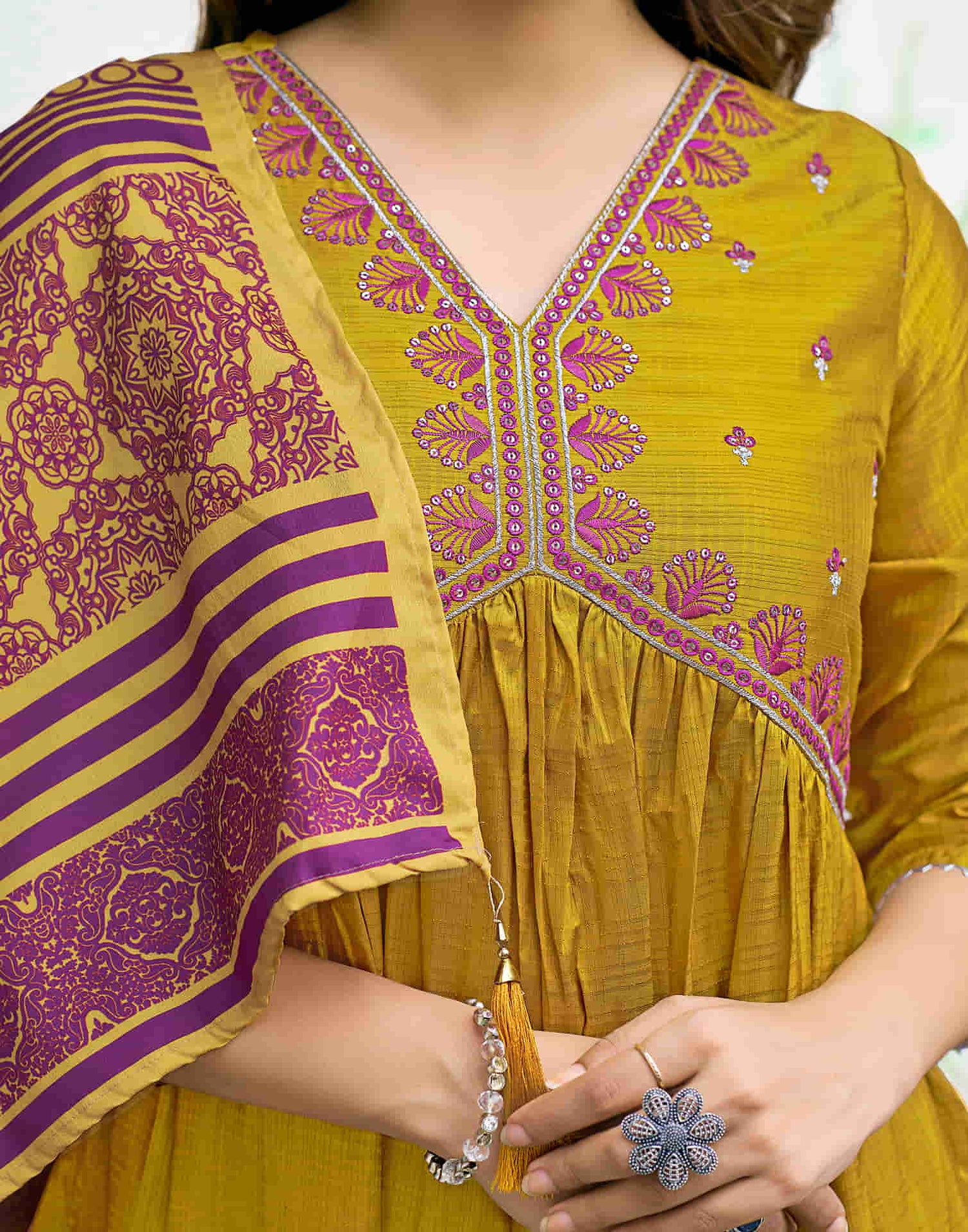 Mustard Yellow Sequence Simba Check Flared Kurta With Pant And Dupatta