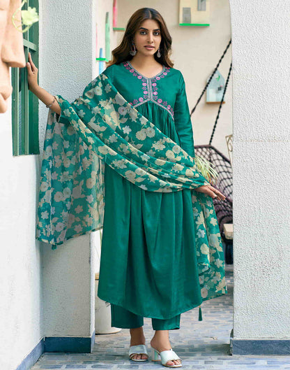 Teal Green Sequence Simba Check Flared Kurta With Pant And Dupatta