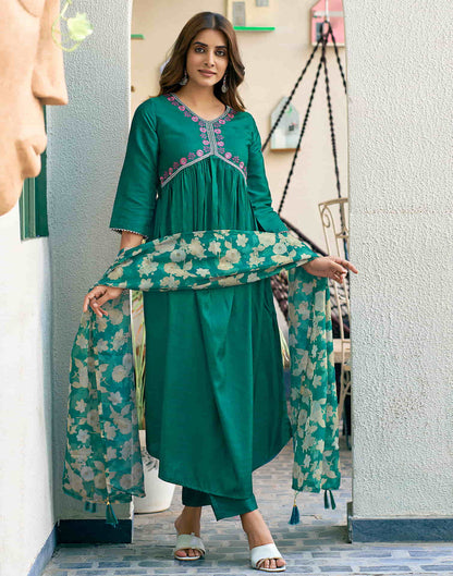 Teal Green Sequence Simba Check Flared Kurta With Pant And Dupatta