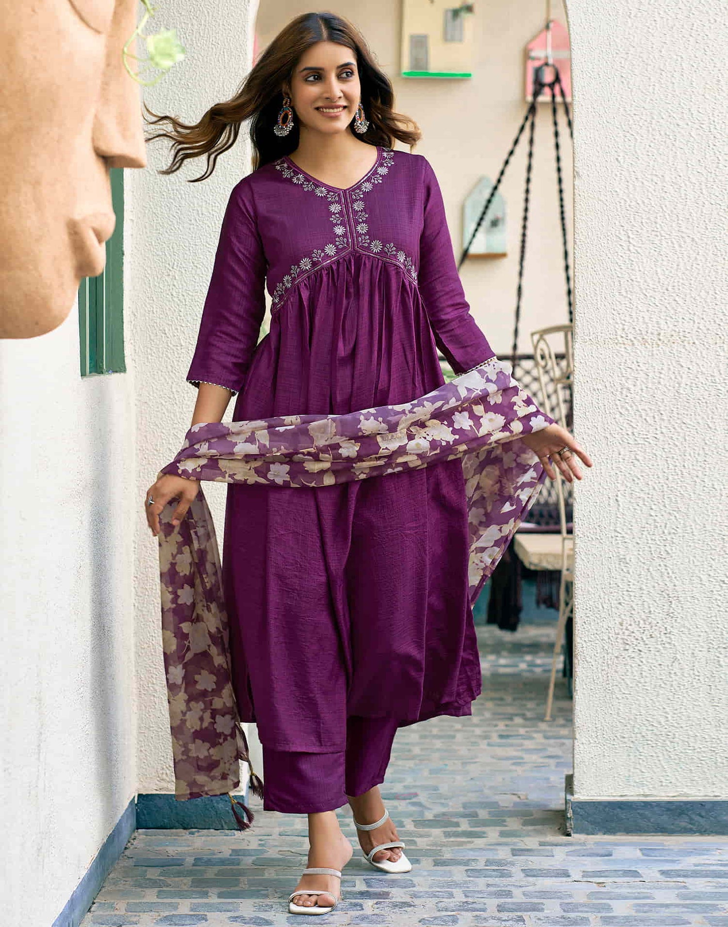 Dark Magenta Sequence Simba Check Flared Kurta With Pant And Dupatta