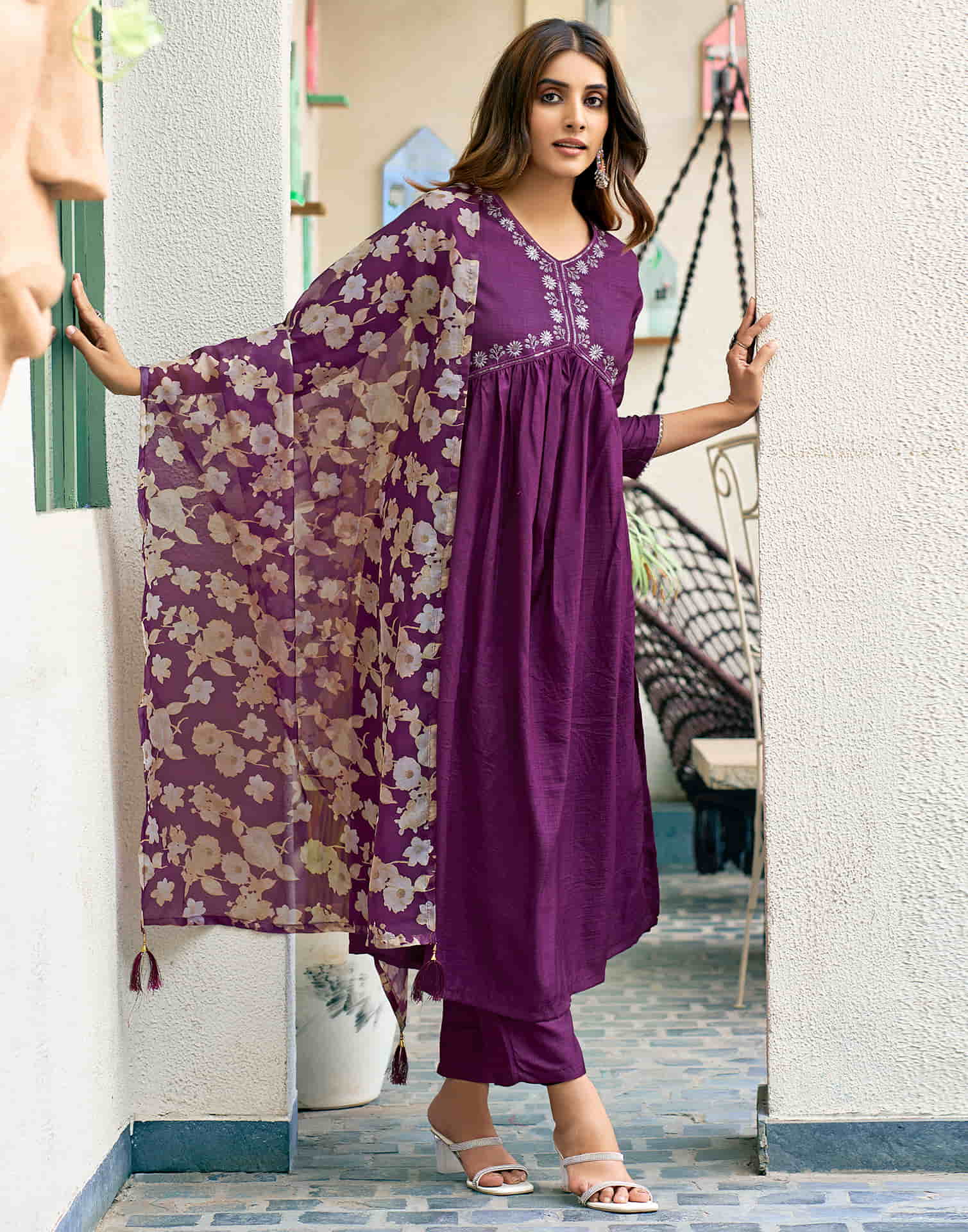 Dark Magenta Sequence Simba Check Flared Kurta With Pant And Dupatta