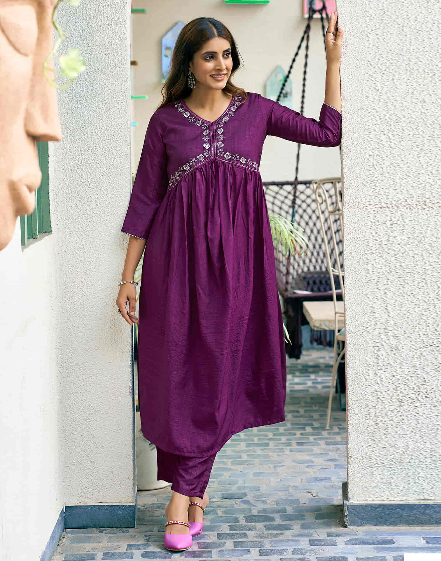 Dark Magenta Sequence Simba Check Flared Kurta With Pant And Dupatta