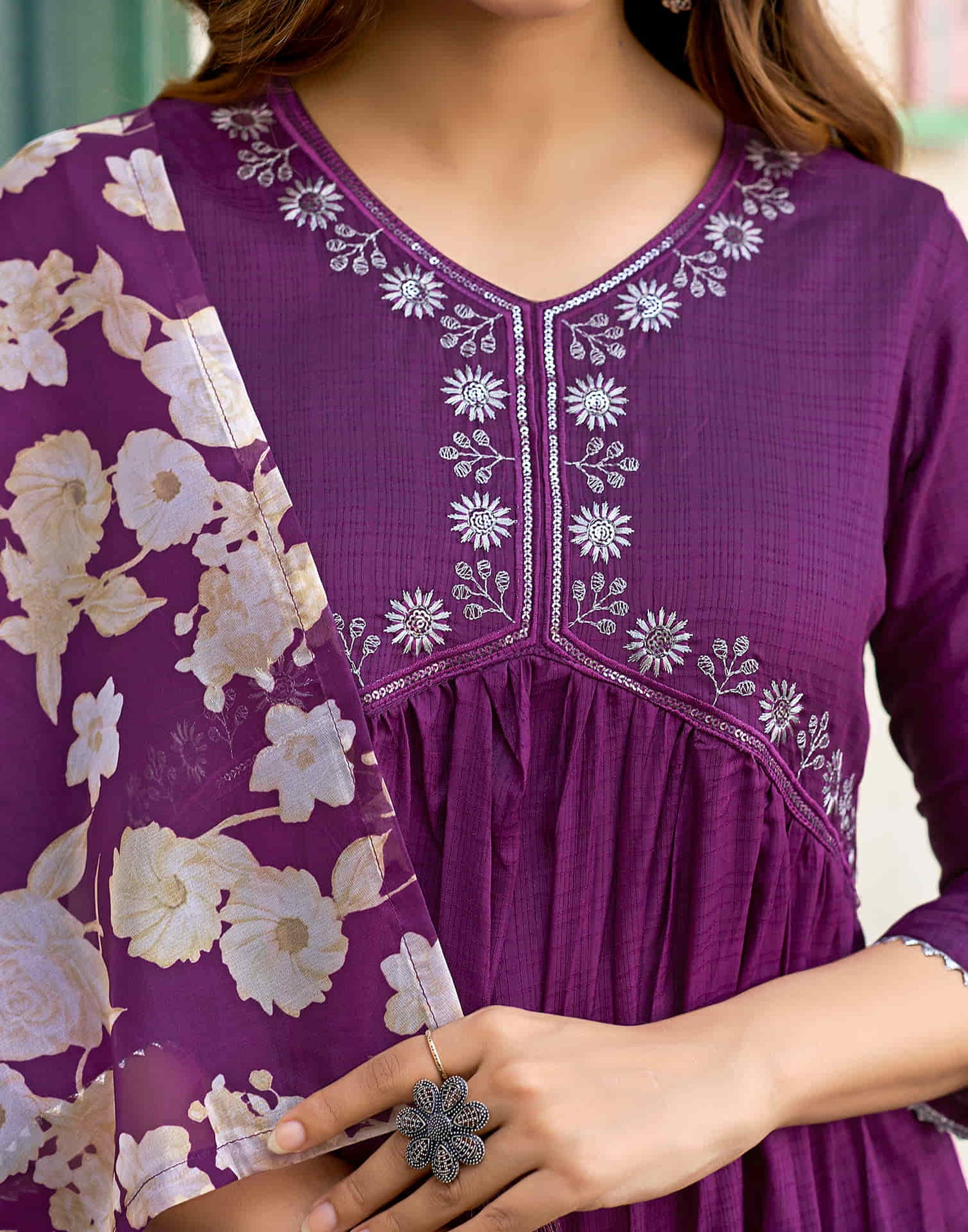 Dark Magenta Sequence Simba Check Flared Kurta With Pant And Dupatta