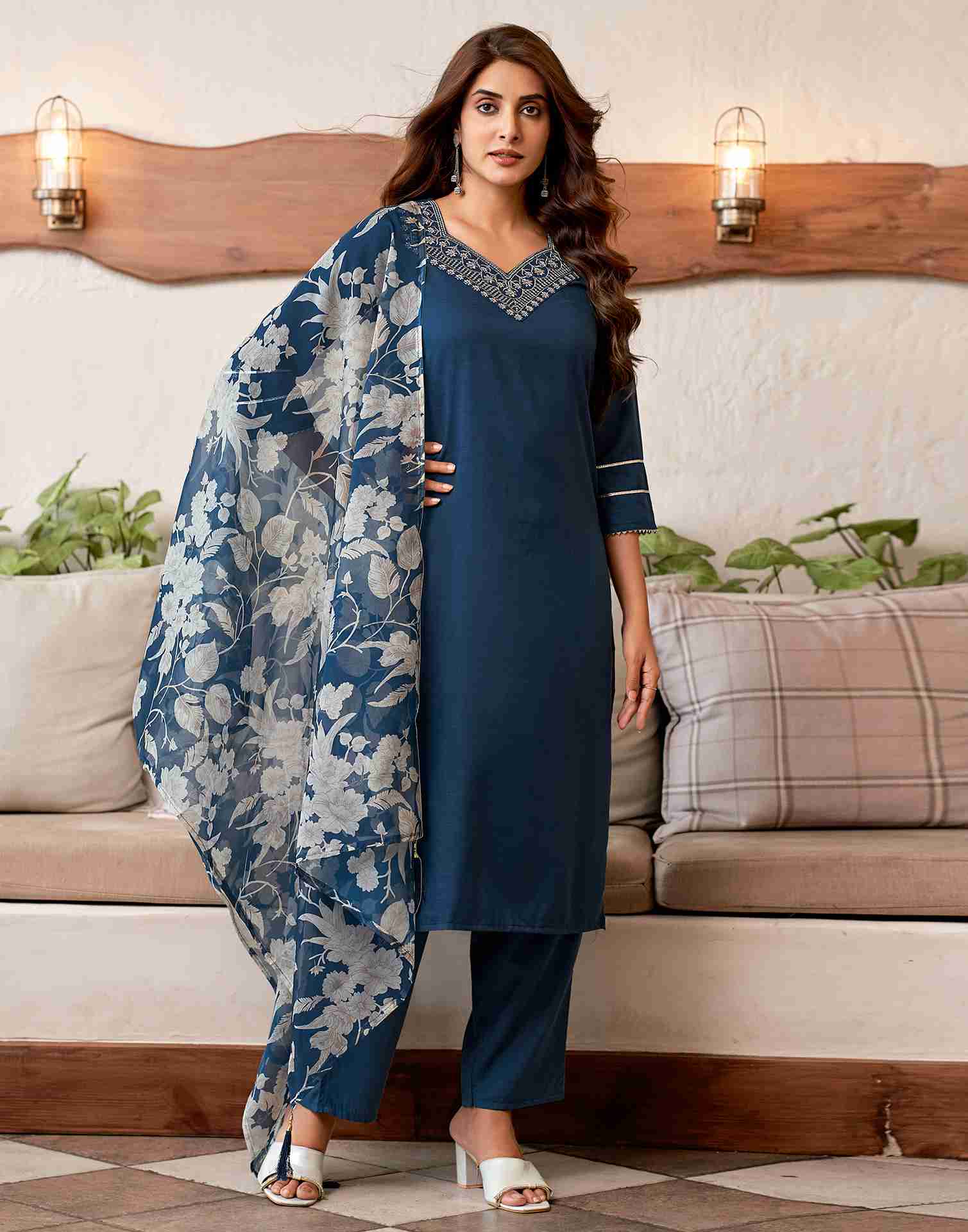 Deep Sea Blue Embroidery Cotton Straight Kurta Set With Dupatta