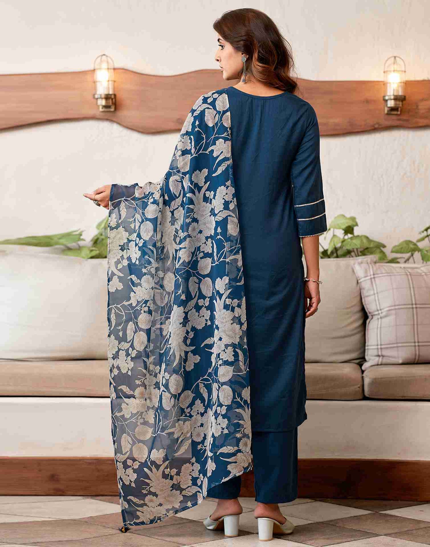 Deep Sea Blue Embroidery Cotton Straight Kurta Set With Dupatta