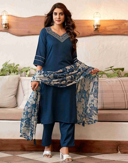 Deep Sea Blue Embroidery Cotton Straight Kurta Set With Dupatta