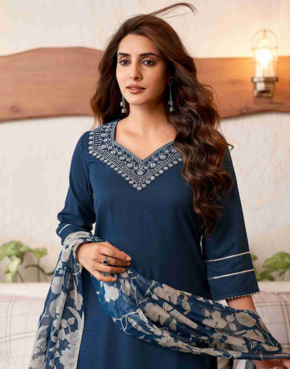 Deep Sea Blue Embroidery Cotton Straight Kurta Set With Dupatta