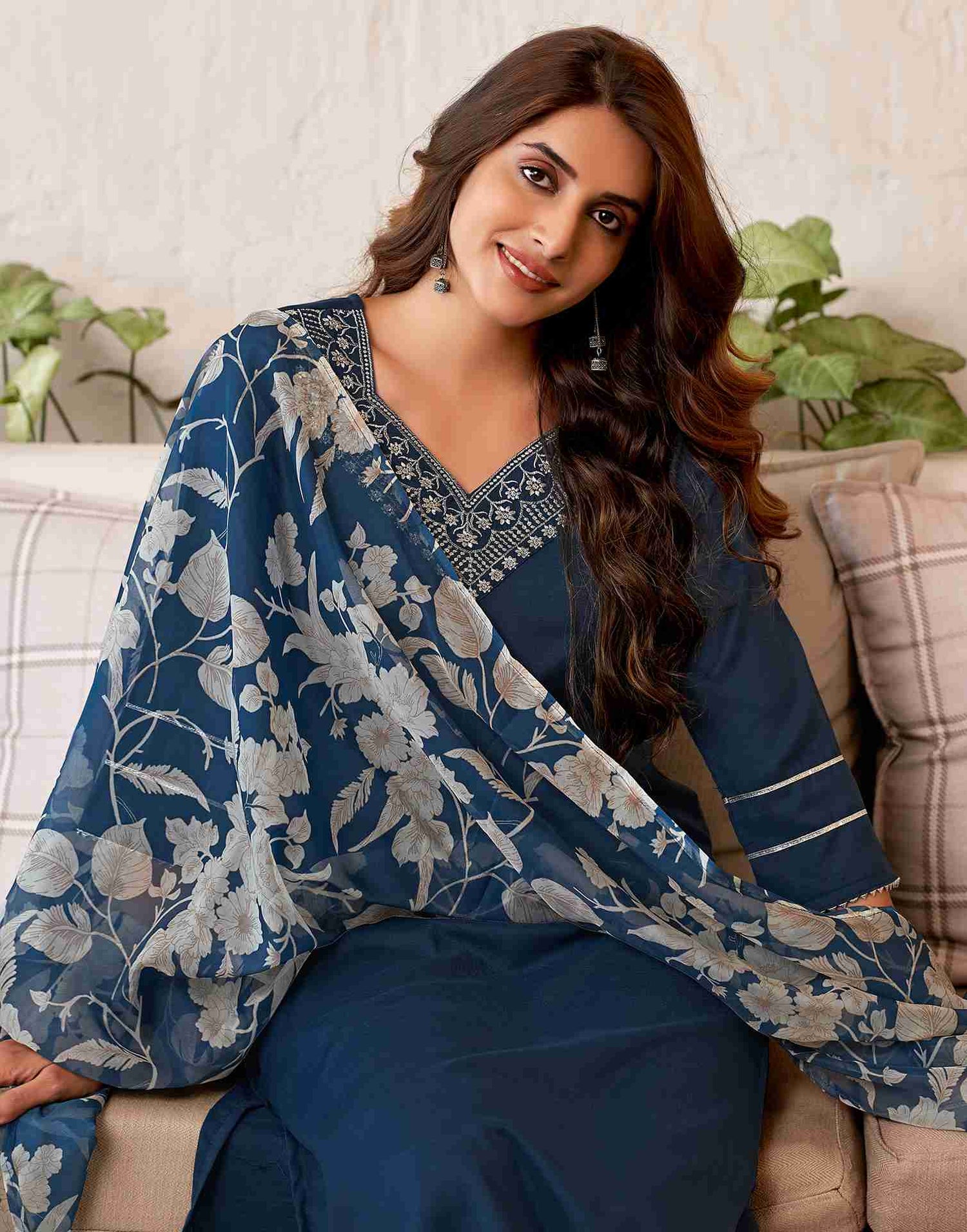 Deep Sea Blue Embroidery Cotton Straight Kurta Set With Dupatta