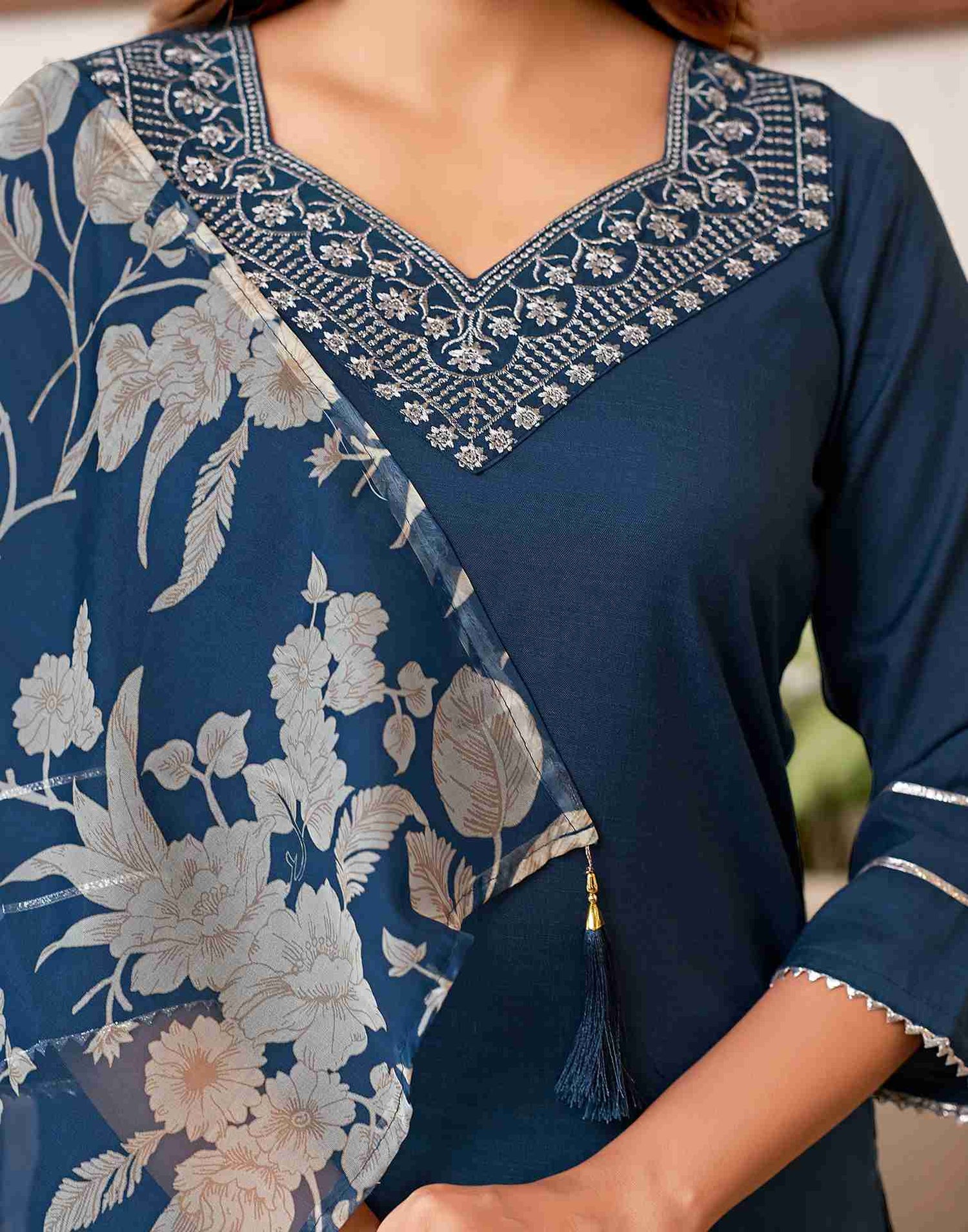 Deep Sea Blue Embroidery Cotton Straight Kurta Set With Dupatta