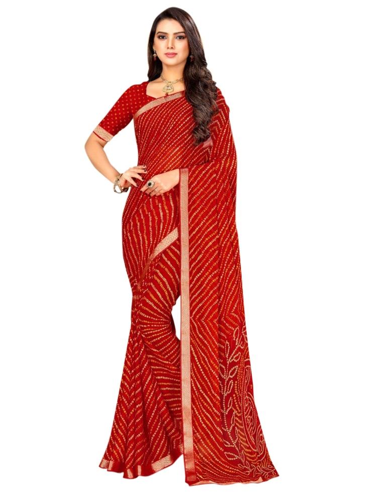 Red Coloured Chiffon Bandhani Printed Casual saree | Sudathi