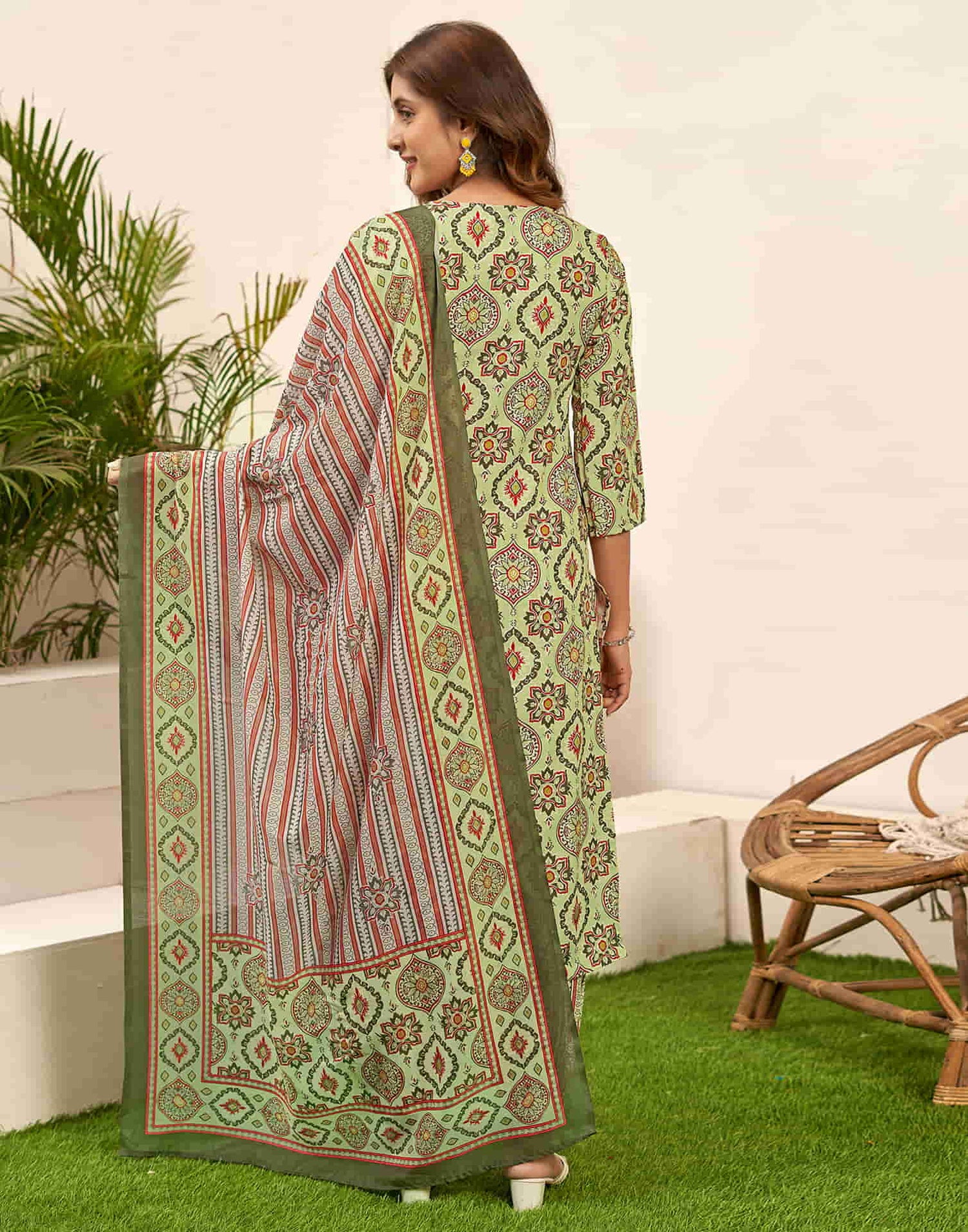 Light Green Printed Rayon Straight Kurta With Pant And Dupatta