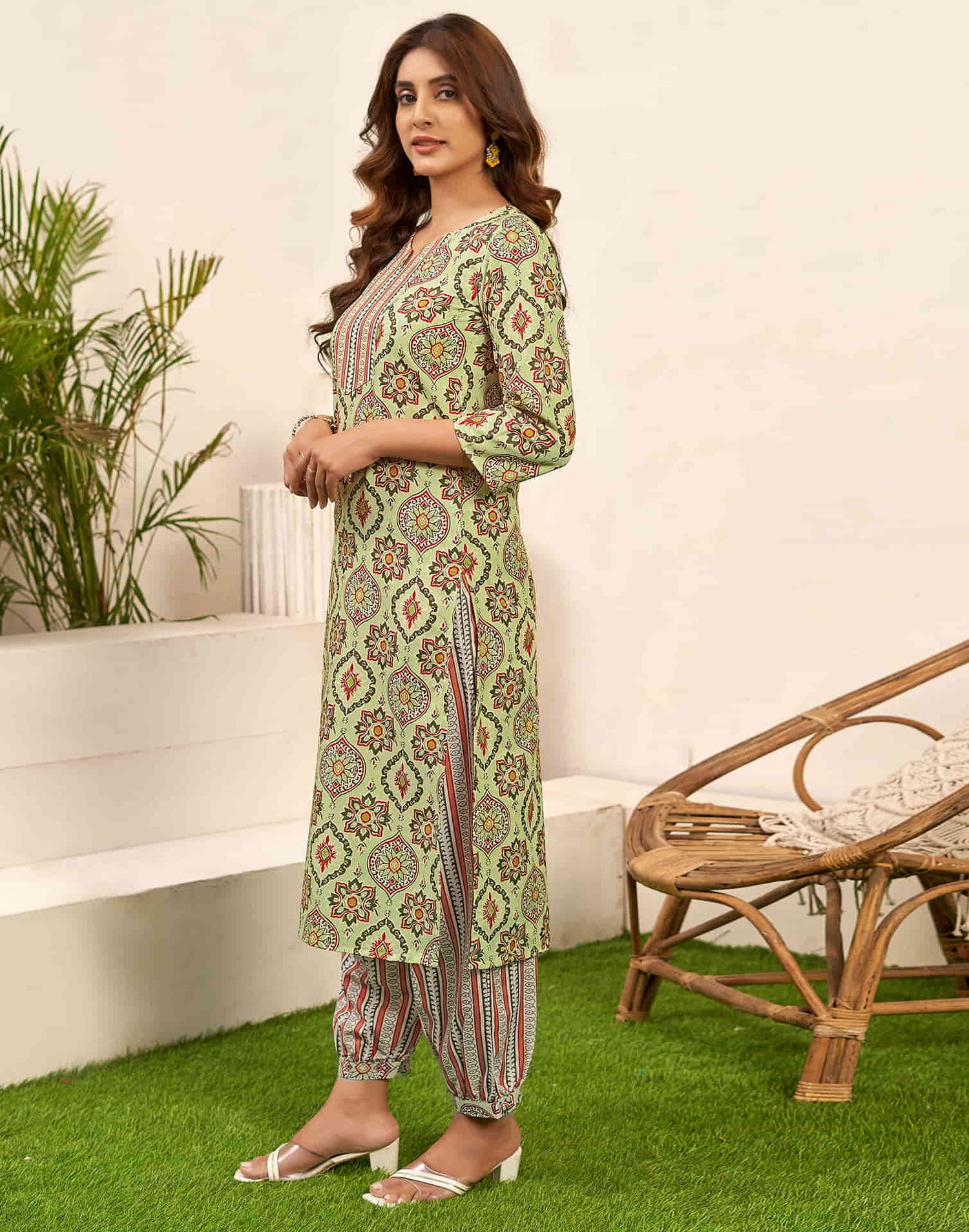 Light Green Printed Rayon Straight Kurta With Pant And Dupatta