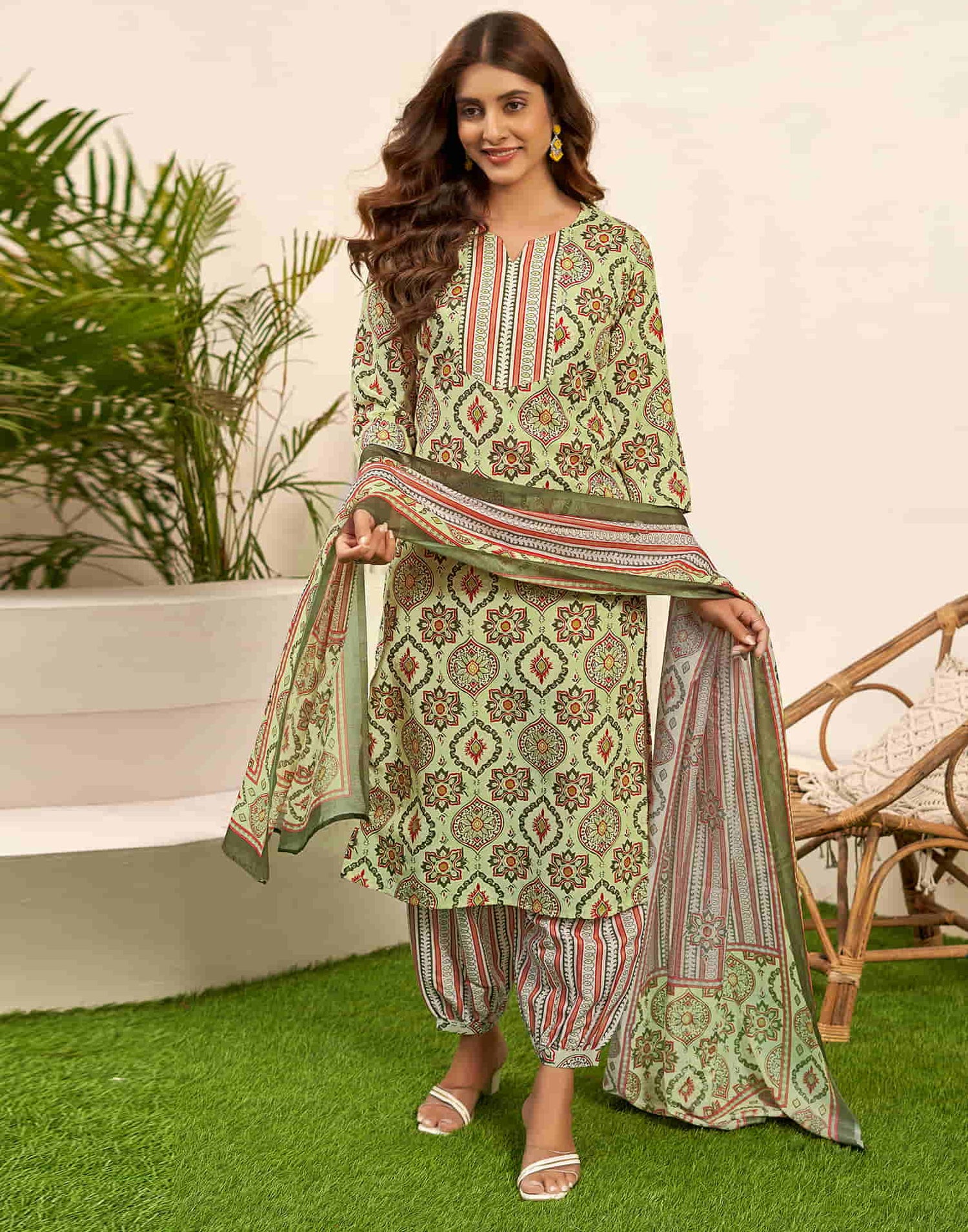 Light Green Printed Rayon Straight Kurta With Pant And Dupatta