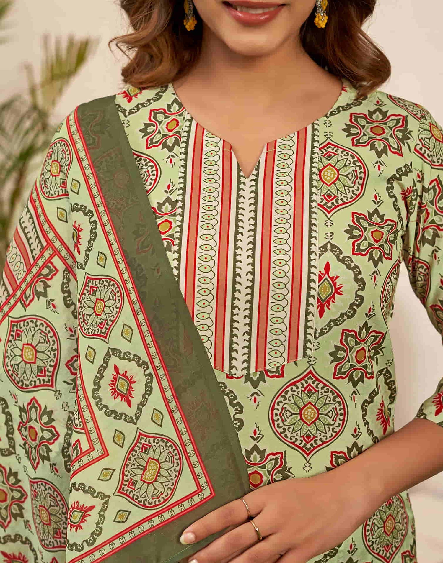 Light Green Printed Rayon Straight Kurta With Pant And Dupatta