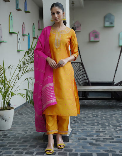 Yellow Silk Embroidery Straight Kurta Set With Dupatta