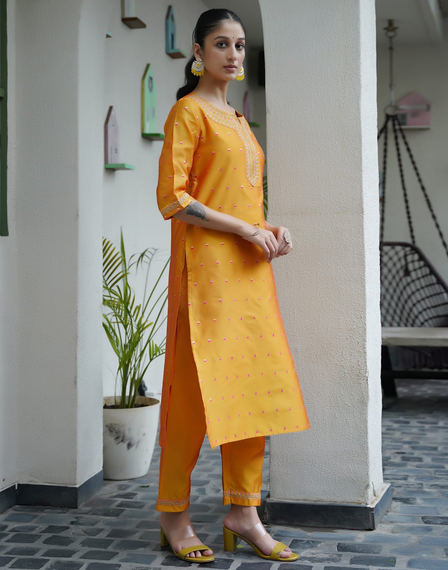 Yellow Silk Embroidery Straight Kurta Set With Dupatta