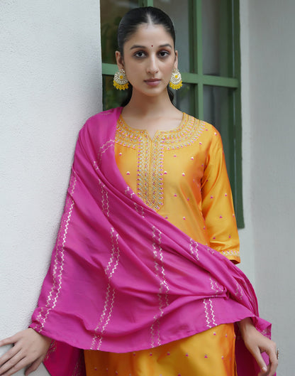 Yellow Silk Embroidery Straight Kurta Set With Dupatta