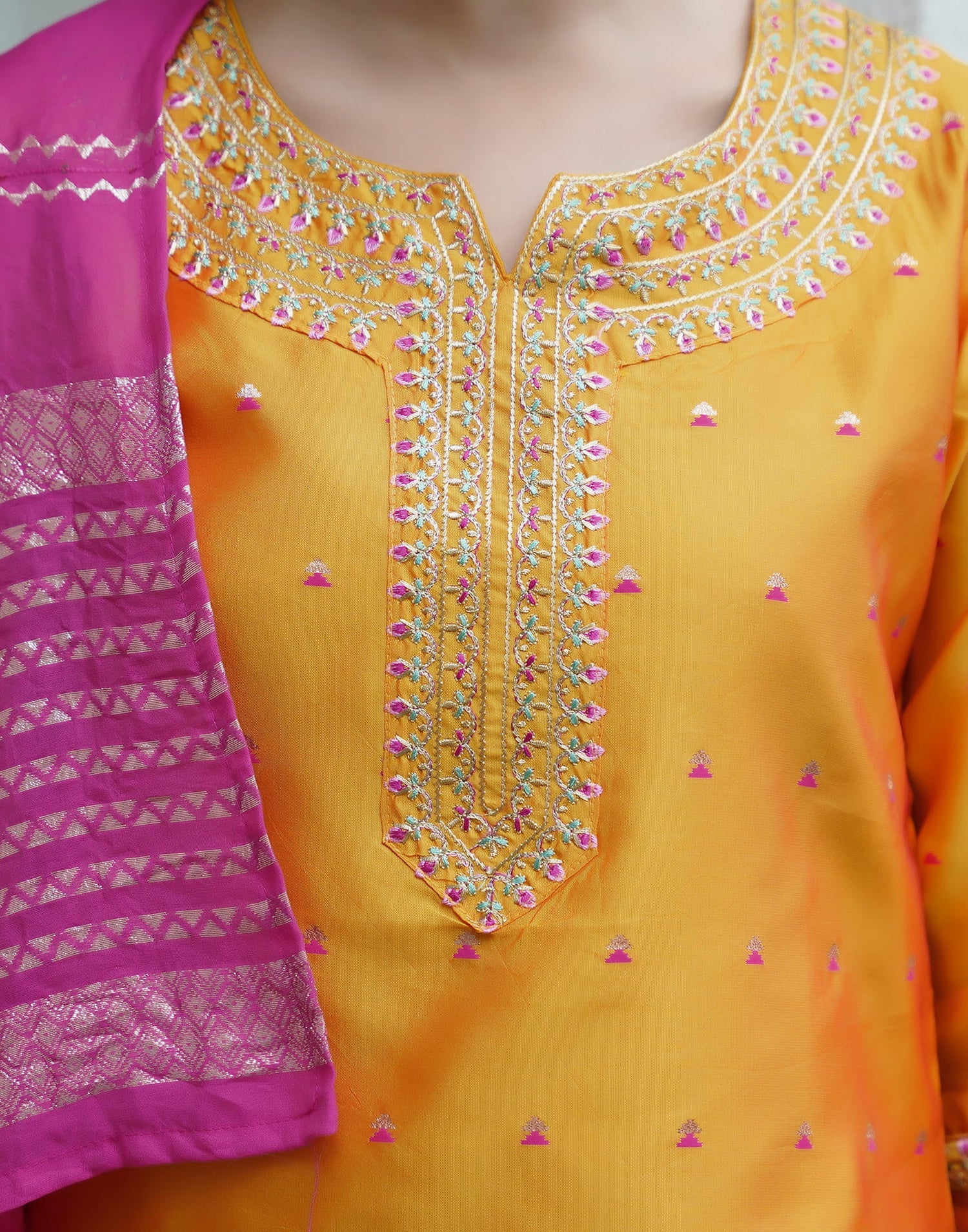 Yellow Silk Embroidery Straight Kurta Set With Dupatta