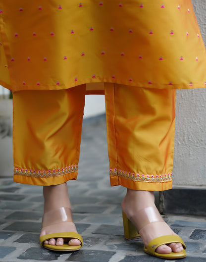 Yellow Silk Embroidery Straight Kurta Set With Dupatta