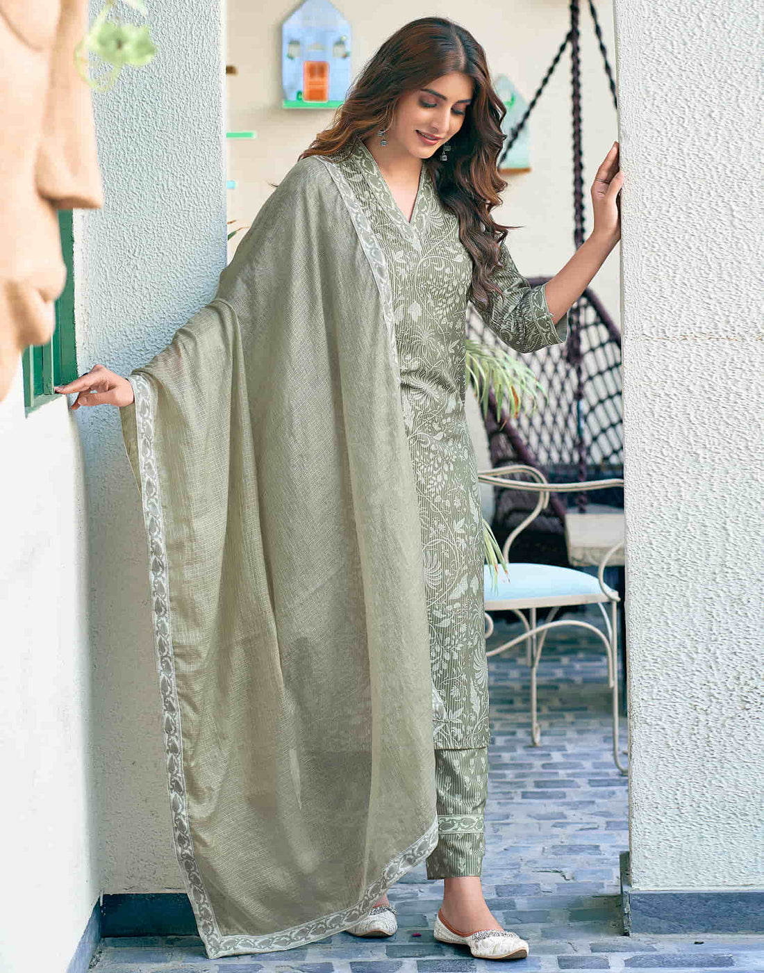 Tea Green Printed Rayon Straight Kurta With Pant And Dupatta