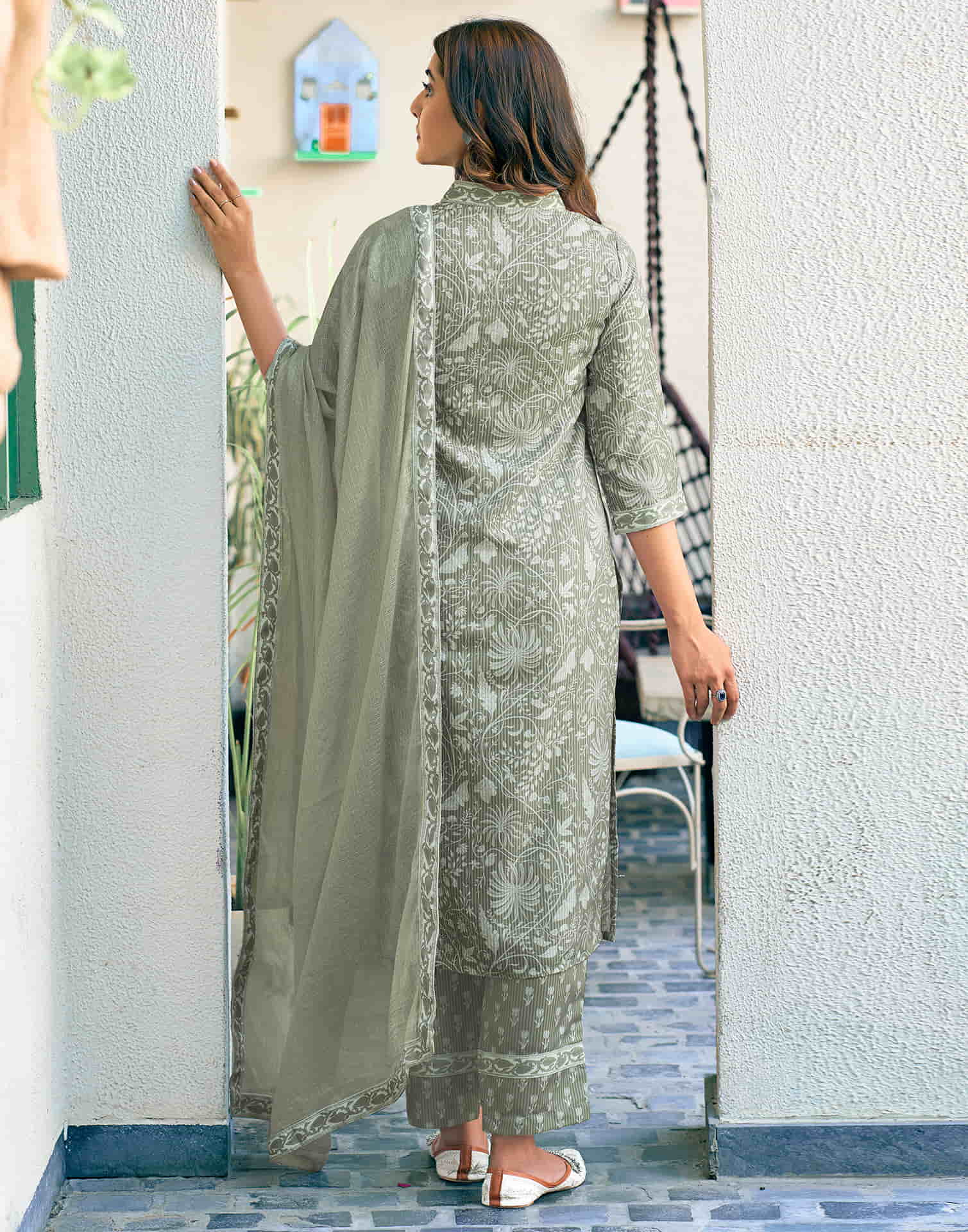 Tea Green Printed Rayon Straight Kurta With Pant And Dupatta