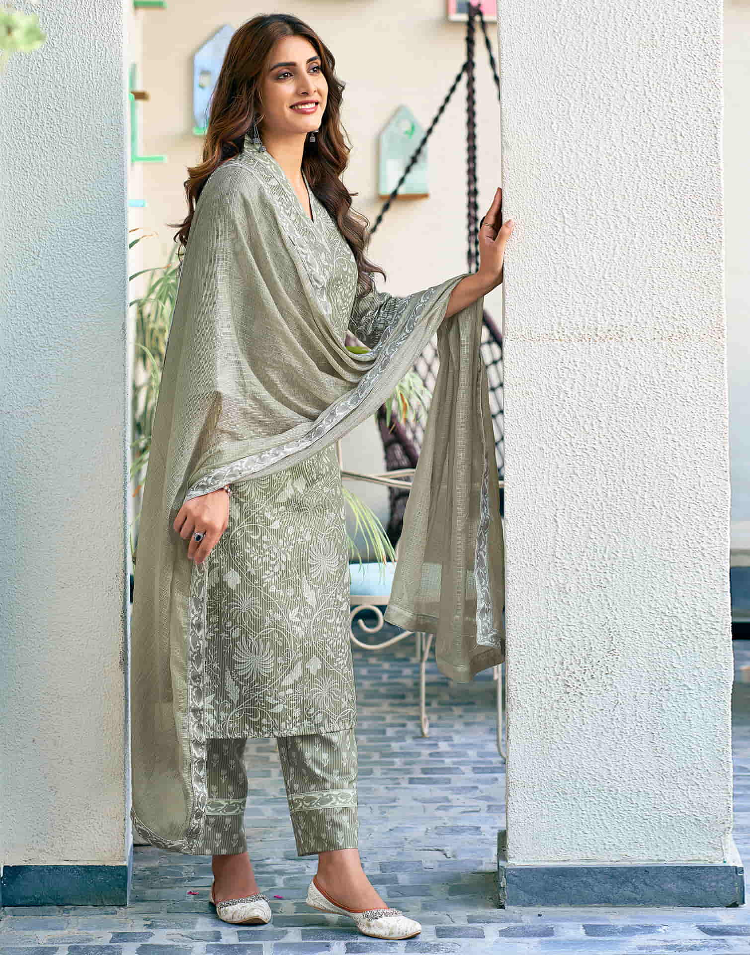 Tea Green Printed Rayon Straight Kurta With Pant And Dupatta