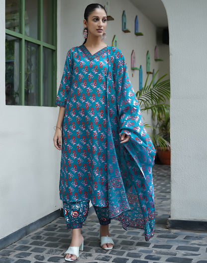 Rama Blue Rayon Printed Straight Kurta Set With Dupatta